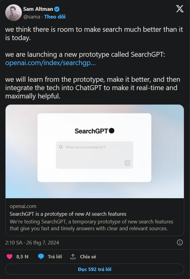 OpenAI trình làng SearchGPT, thách thức sự thống trị của Google Search