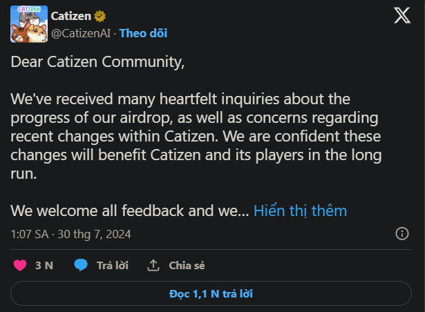 Thông báo: Airdrop của game Catizen trên Telegram sẽ bị trì hoãn