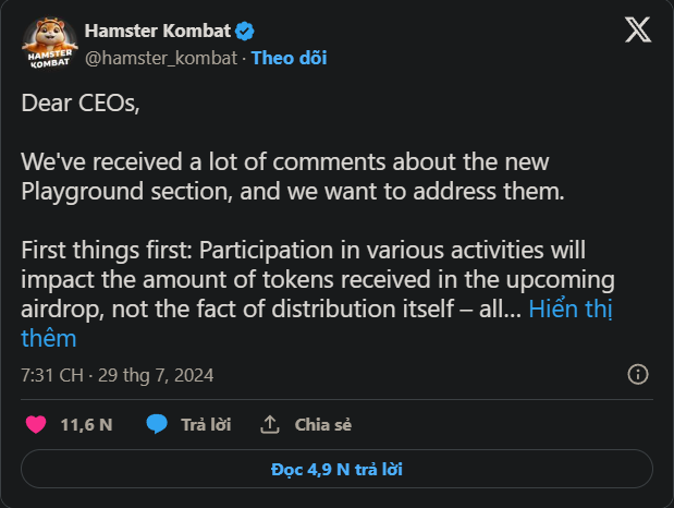 Xuất hiện khả năng trì hoãn ra mắt airdrop của Hamster Kombat.