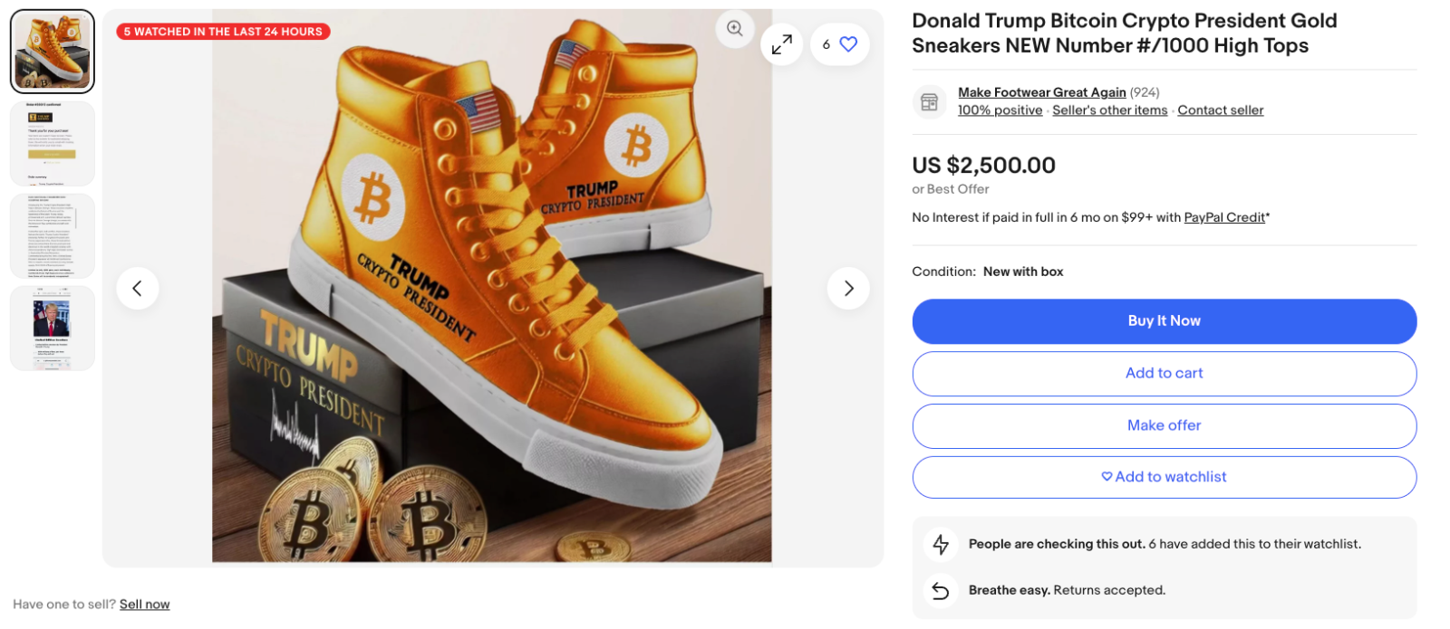 Giày Bitcoin của cựu Tổng thống Trump xuất hiện trên eBay, giá 2.500 USD