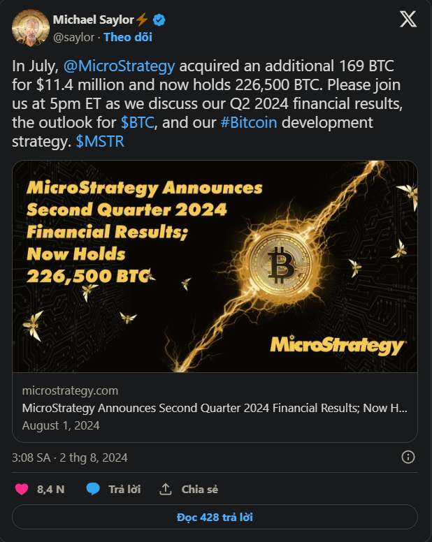 MicroStrategy: Kho dự trữ Bitcoin trong báo cáo thu nhập quý 2 đạt 14,7 tỷ đô la