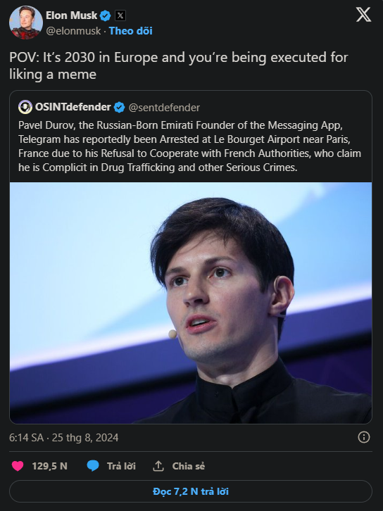 Elon Musk đứng về phía Pavel Durov trước án tù 20 năm cho nhà sáng lập Telegram tại Pháp.