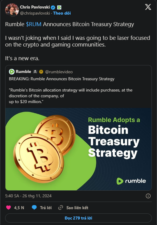 Rumble chính thức rót 20 triệu USD vào thị trường Bitcoin