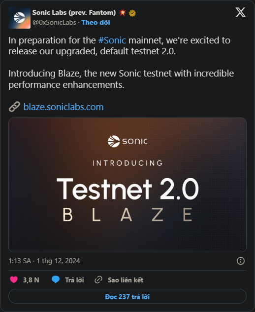 Sonic Labs giới thiệu Blaze Testnet 2.0: Đột phá về tốc độ và khả năng xử lý