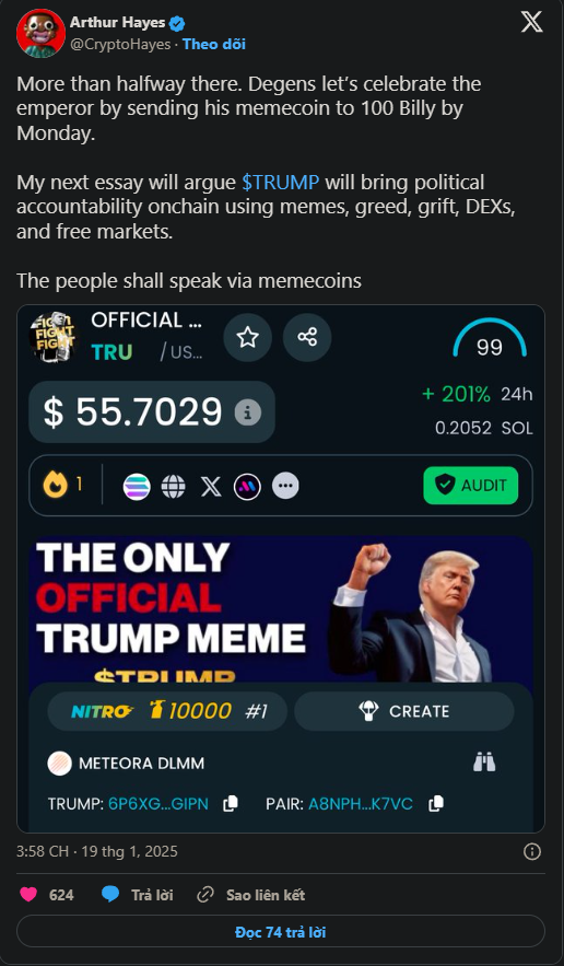 TRUMP Memecoin và Triển Vọng 100 Tỷ USD Theo Arthur Hayes