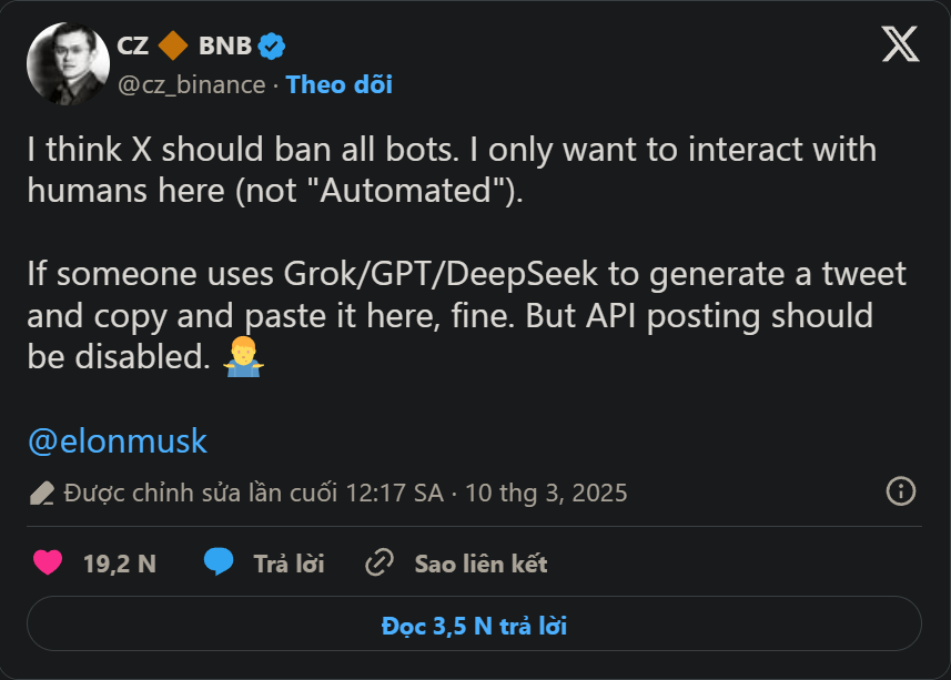 CZ kêu gọi Elon Musk xử lý bot trên X, chỉ trích tư duy ngắn hạn trong ngành crypto.