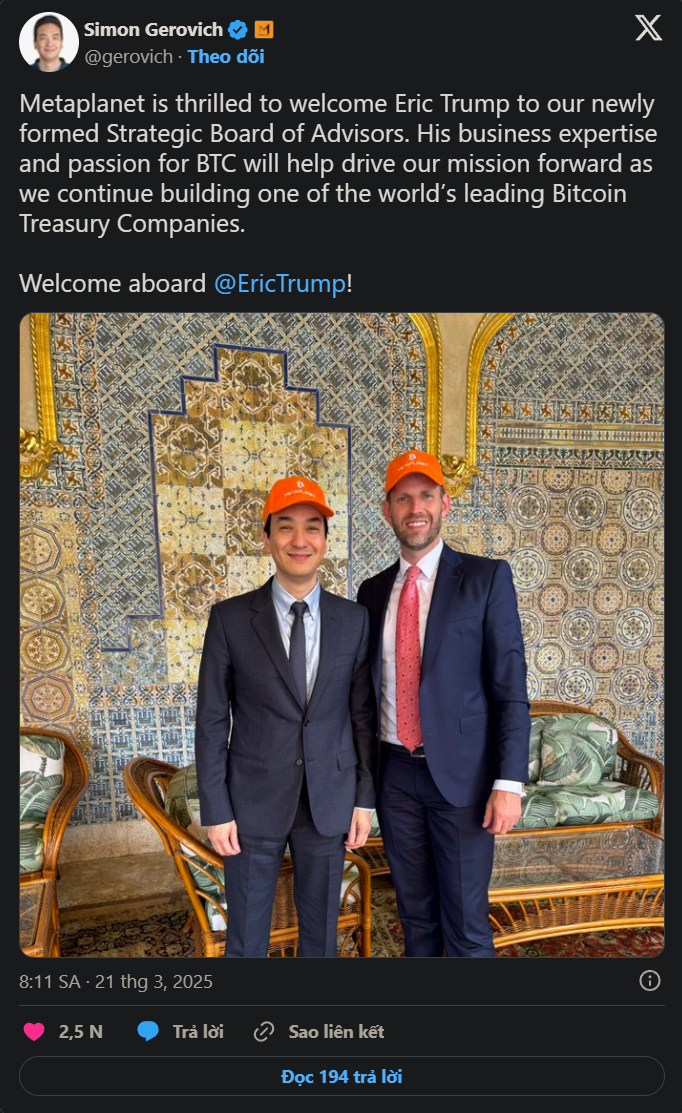 Eric Trump gia nhập đội ngũ cố vấn chiến lược của Metaplanet