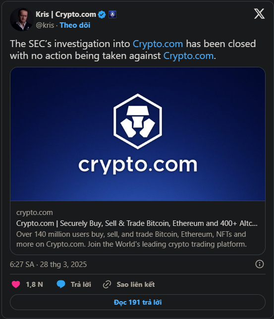 Cuộc điều tra của SEC với Crypto.com chính thức kết thúc