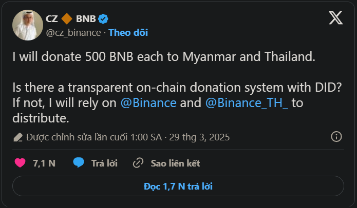 CZ viện trợ khẩn cấp bằng crypto sau địa chấn kinh hoàng ở Đông Nam Á